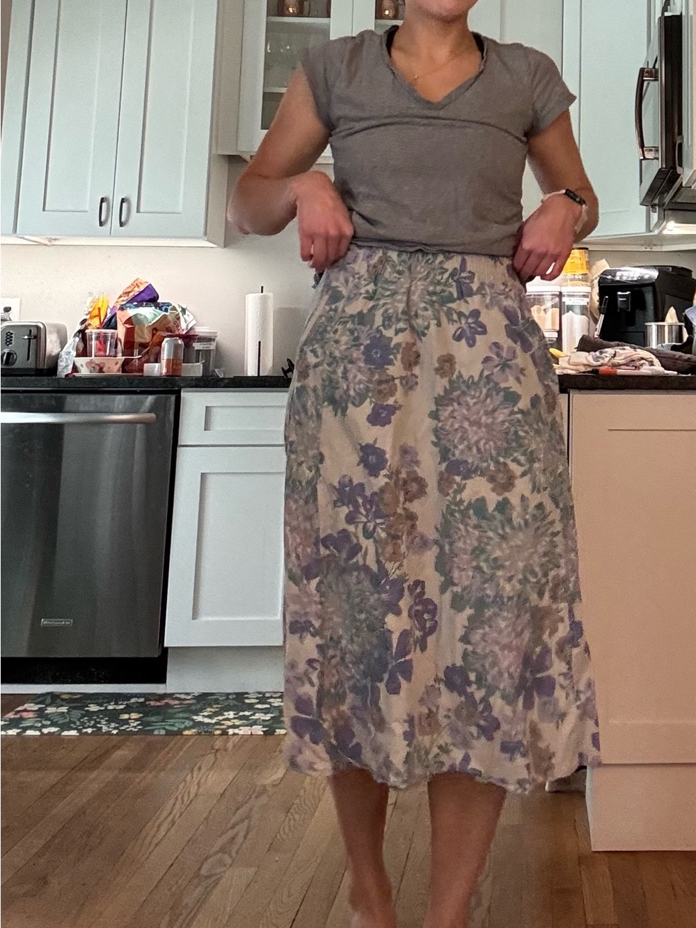 Coldwater Creek Floral Midi Skirt in Cream, Purple and Green